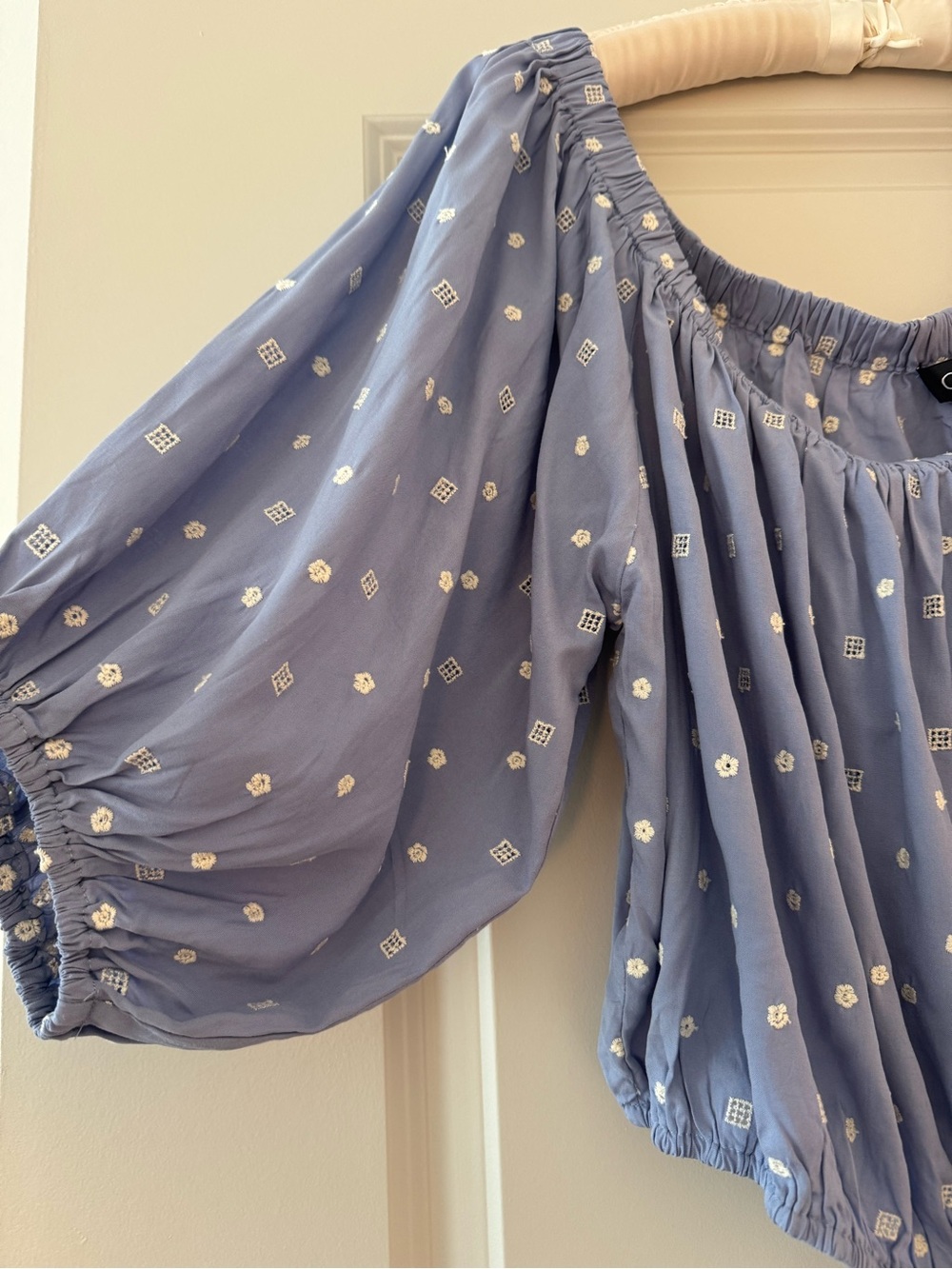 Boho Peasant Blouse Medium Blue Embroidered Off Shoulder Cottagecore Peasant - Picture 5 of 10